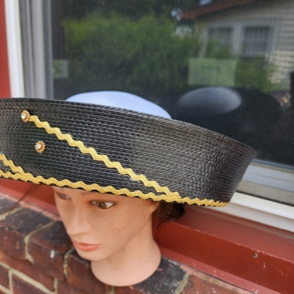 Vintage Italian Wide Brim Straw Hat Black Gold Trim Statement Sun Hat - Picture 6 of 16